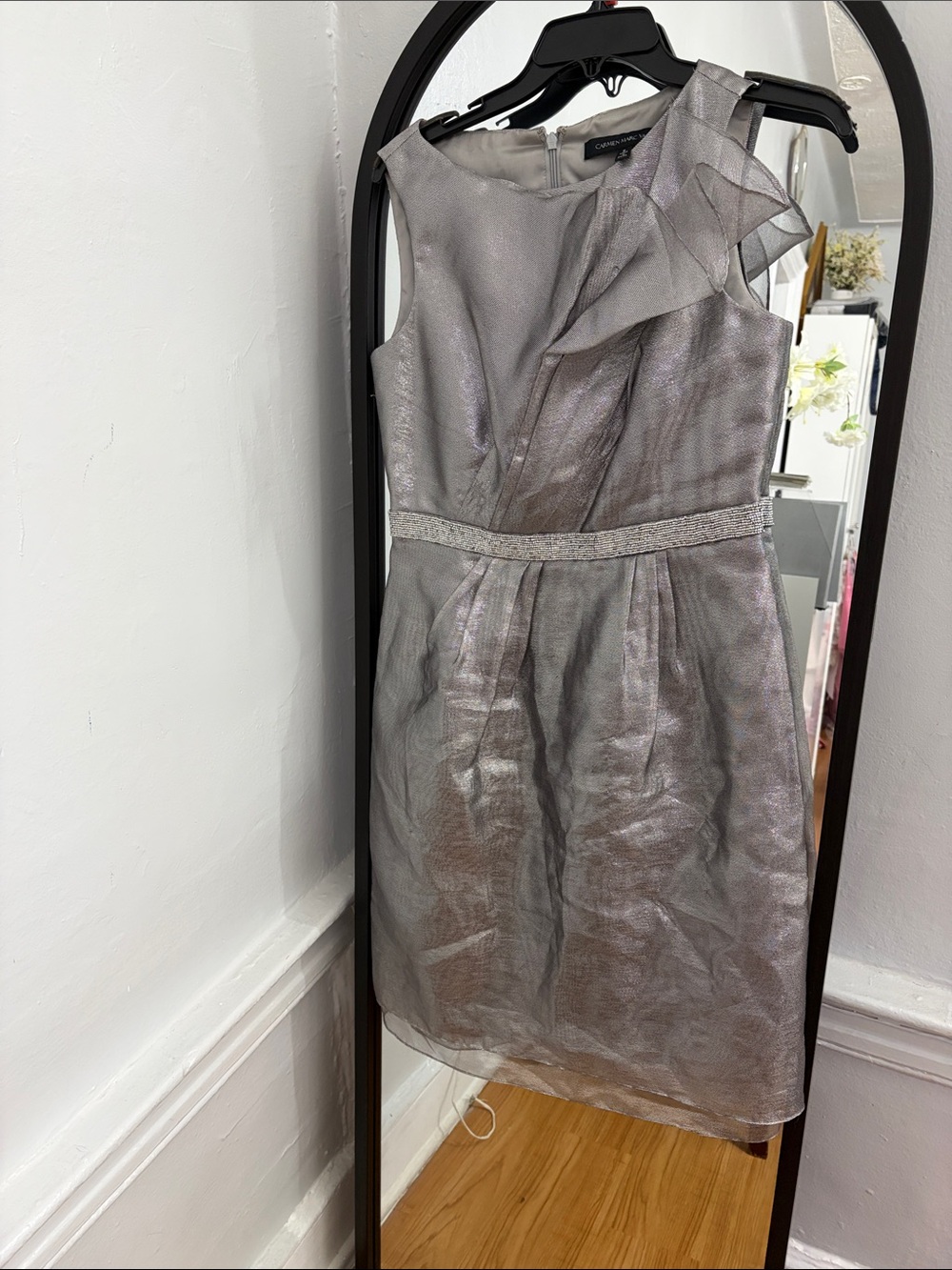 Carmen Marc Valvo Silver Sheath Dress with Ruffle Detail